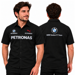 Chemise BMW Sauber F1 noire 100 % coton, montage trois-quarts et dos