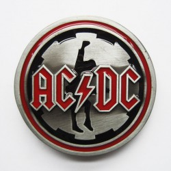 Boucle de ceinture AC/DC fond argent couleur rouge et noire