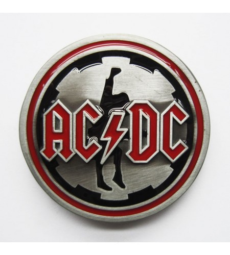 Boucle de ceinture AC/DC fond argent couleur rouge et noire