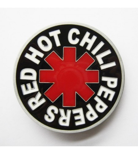 Boucle de ceinture Red Hot Chili Pepers fond noir couleurs rouge et blanc
