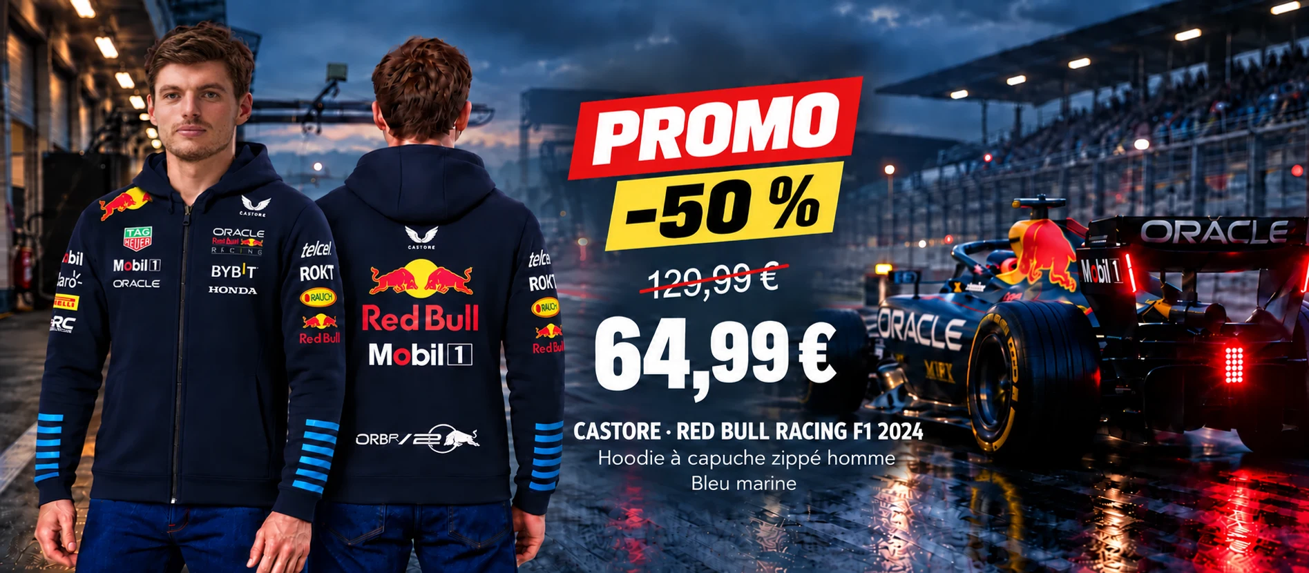 Promo -50 % : hoodie à capuche zippé homme Castore Red Bull Racing F1 2024, bleu marine. 129,99 € barré, prix promo 64,99 €. Vues de face et de dos.